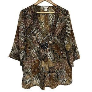 CJ Banks Womens‎ Blouse X 14  Brown Tribal Print Lightweight V Neck Tunic